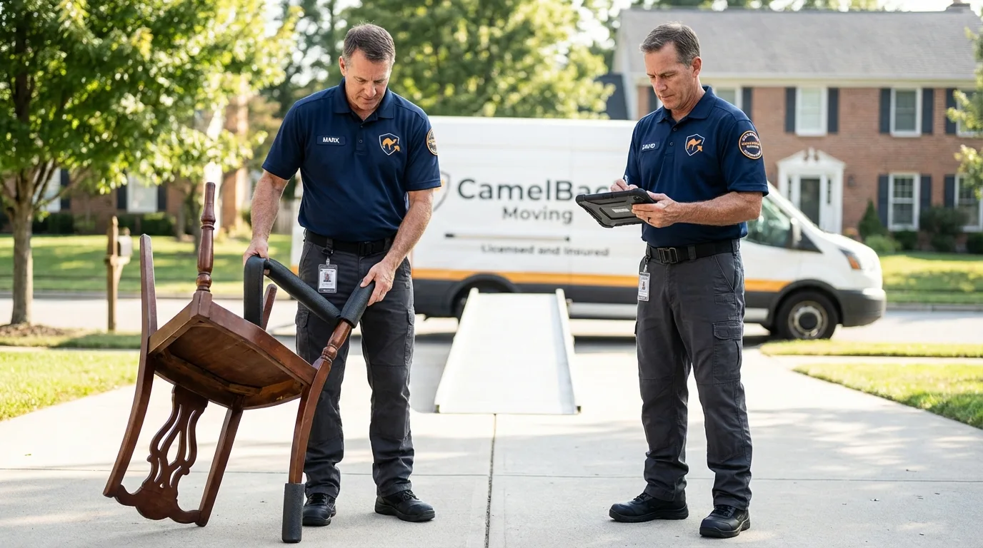 Movers inspecting furniture for damage prevention before loading in Forked River, NJ